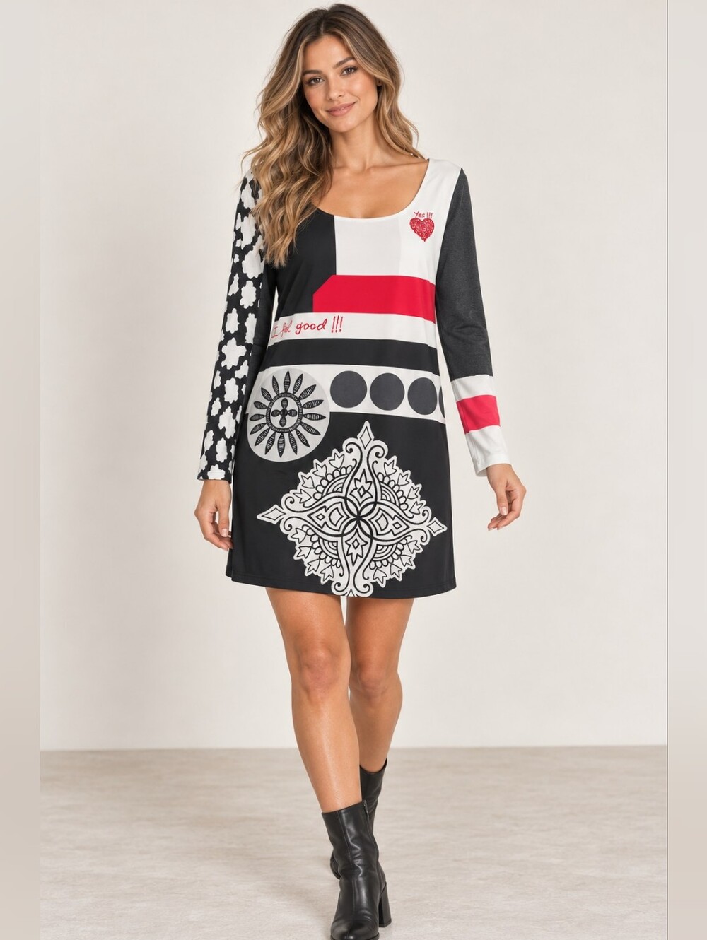 Desigual Black White & Red Graphic Mini Dress